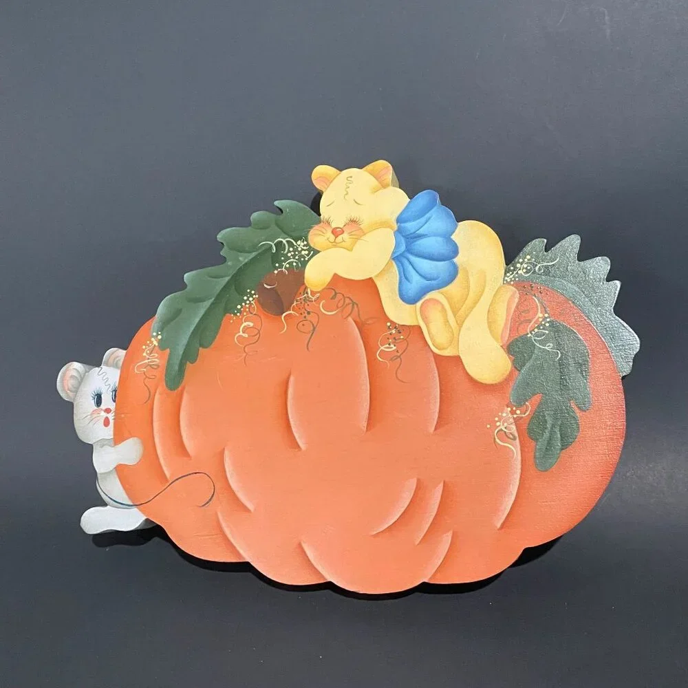 vintage Americana hand painted wooden cookie jar lids/decor Fall Pumpkin cute 9x